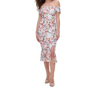 Guess White Red Floral Off-The-Shoulder Lace Midi Dress size 14